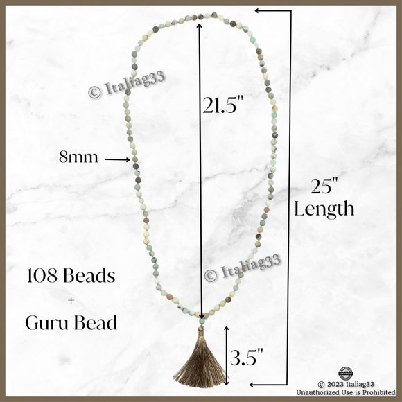 Mala Amazonite Beads Necklace Natural Matte Gemstone Silk Tassel Meditation New - Picture 12 of 15